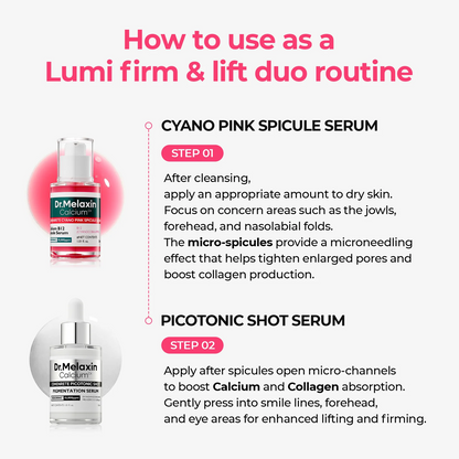 Dr.Melaxin Lumi firm & lift Duo | Korean facial Collagen Firming serum plumping skin & tightening refines skin repair density | Cyano Pink Spicule Serum + Picotonic Shot Ampoule
